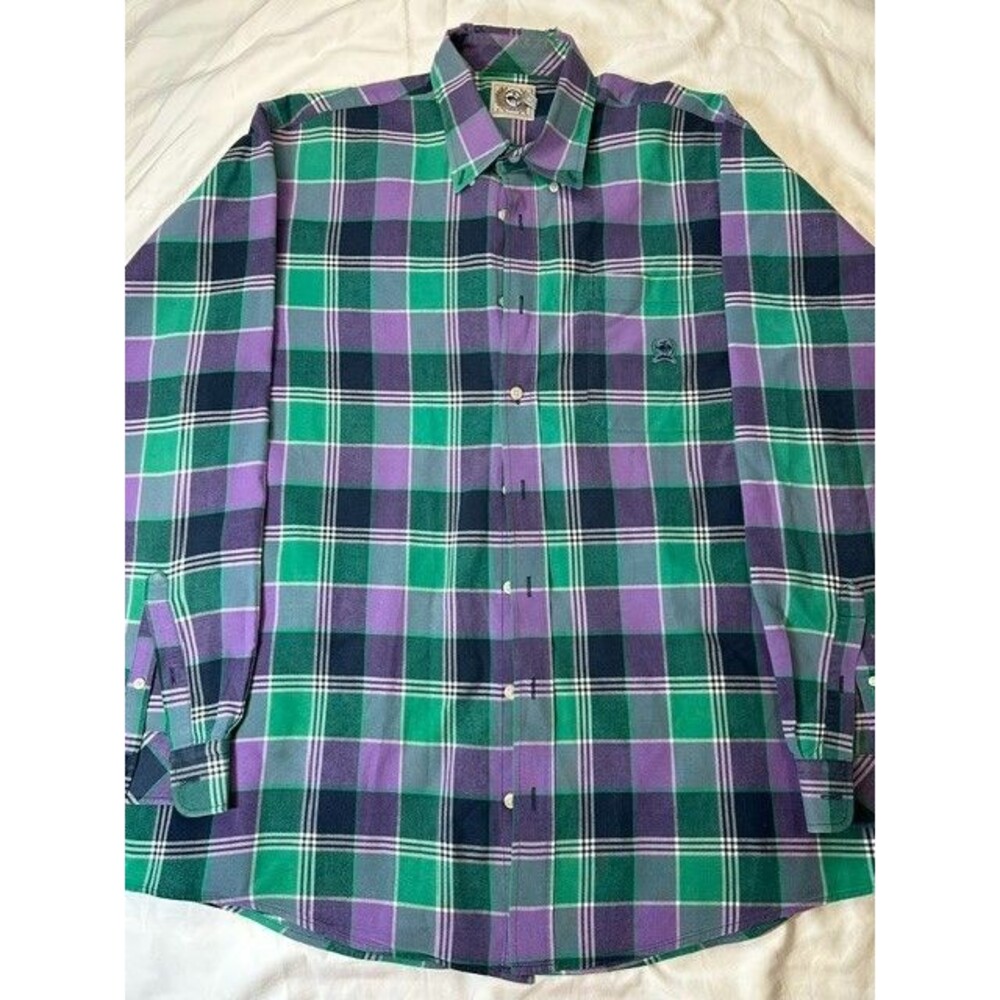Cinch Men's M Purple/Green/Navy Plaid Long Sleeve Button-Down Shirt 100% Cotton